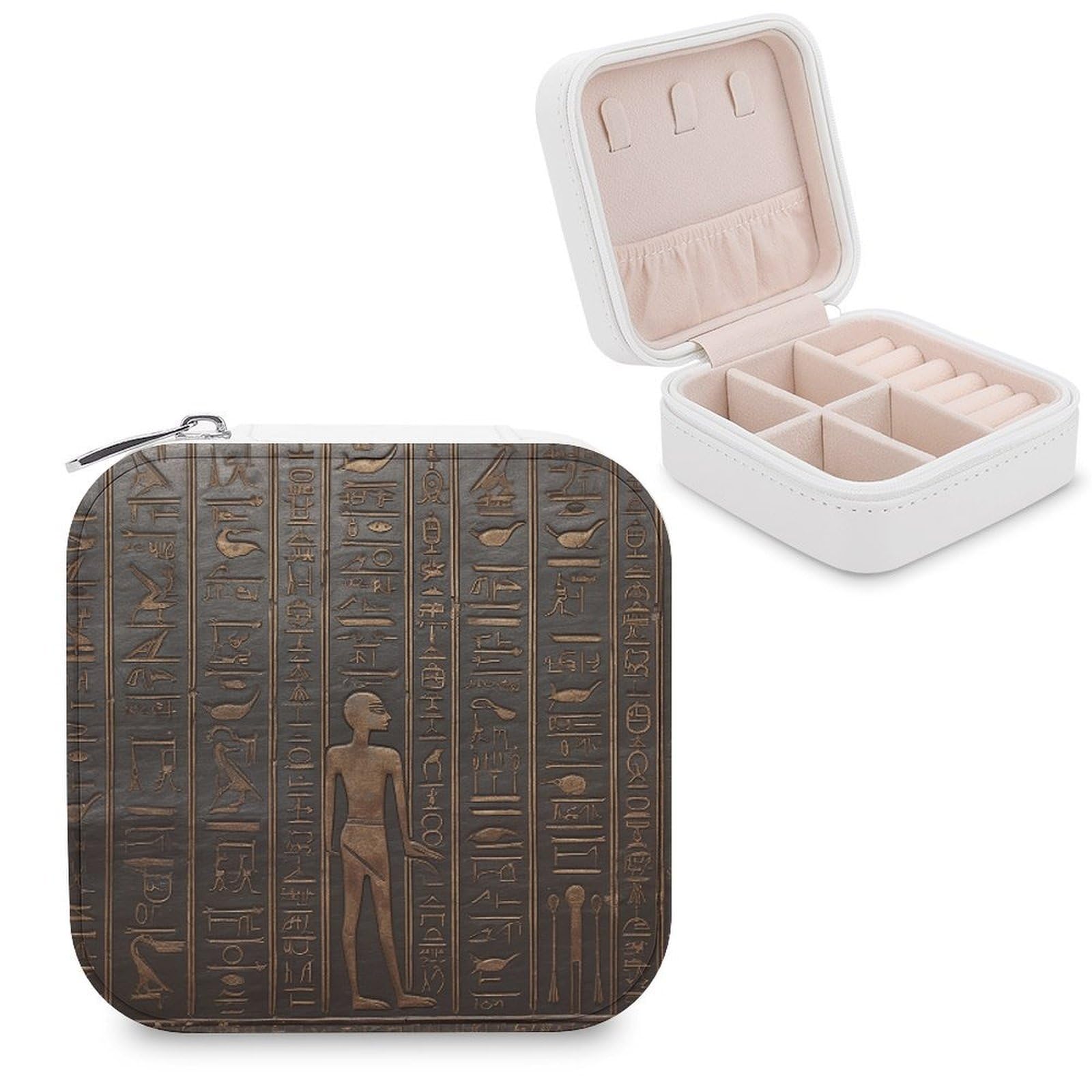 VstaDank Ancient Egyptian Hieroglyph Travel Jewelry Case Zipper Portable Small Jewelry Box Custom Pu Leather Mini Traveling Jewelry Organizer for Rings Earrings Necklace Bracelet Girls Women