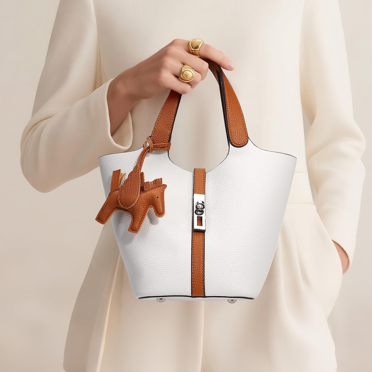 Tote Bag for Women Vegan Leather Bucket Purse for Women Top Handle Handbag Shoulder Bag with Detachable Small Purse - Image 2