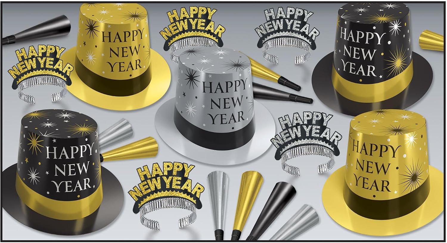 Beistle Silver & Gold New Year Party Kit for 10 – Celebration Set of Festive NYE Midnight Accessories, Hi-Hats, Tiaras & Foil Horns, Classic Metallic New Year’s Eve Countdown Event Headwear Supplies