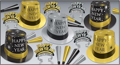 Beistle Silver & Gold New Year Party Kit for 10 – Celebration Set of Festive NYE Midnight Accessories, Hi-Hats, Tiaras & Foil Horns, Classic Metallic New Year’s Eve Countdown Event Headwear Supplies