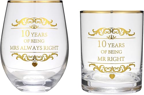 Celebra tu décimo aniversario de boda o 10 años de estar juntos con estas copas de vino grabadas con 10 años de copa de whisky Mrs Always Right con