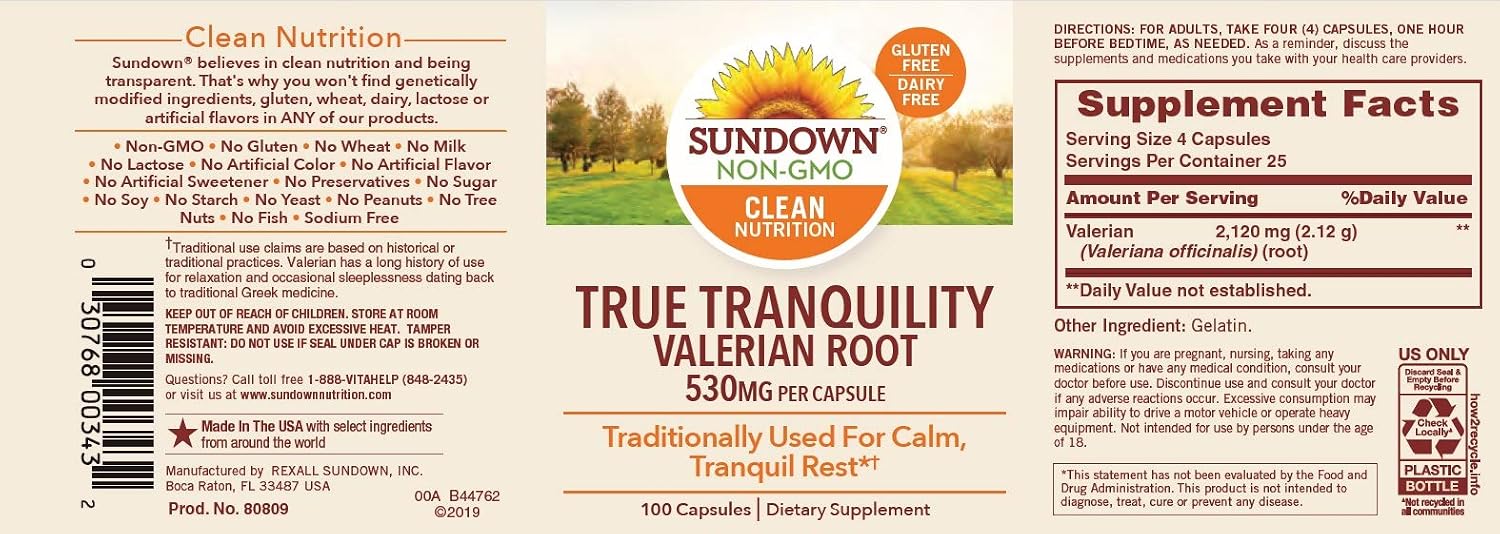 Sundown Valerian Root Whole Herb 530 mg, 100 Count (Pack of 3)