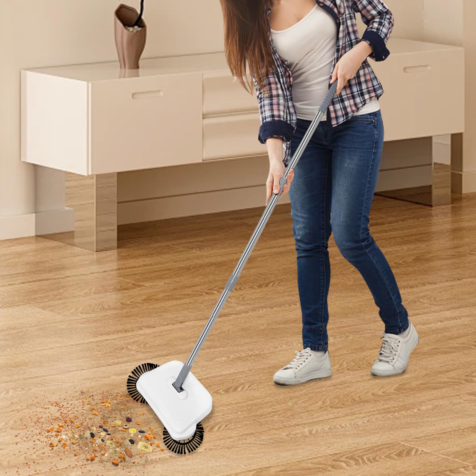Macchina per la pulizia dei pavimenti a mano, girevole a 360 gradi, pieghevole, compatta, spazzatrice per moquette con spazzole in acciaio inox, adatta per pavimenti duri e bagnati