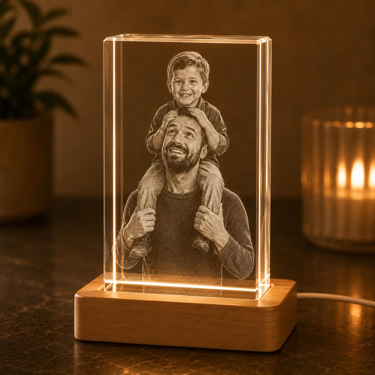 2.5D Kristall mit Foto, Foto Würfel mit LED-Sockel – Personalisiertes Kristallfoto aus K9 mit Lasergravur, Geschenk für Mama, Papa & Paare