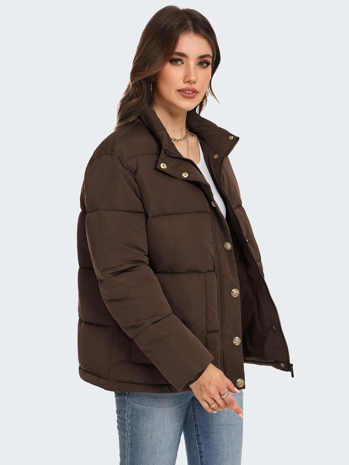 Funlingo Women's Cropped Puffer Jacket Winter Stand Collar Zip Up Snap Button Warm Lightweight Short Quilted Coat - Image 3