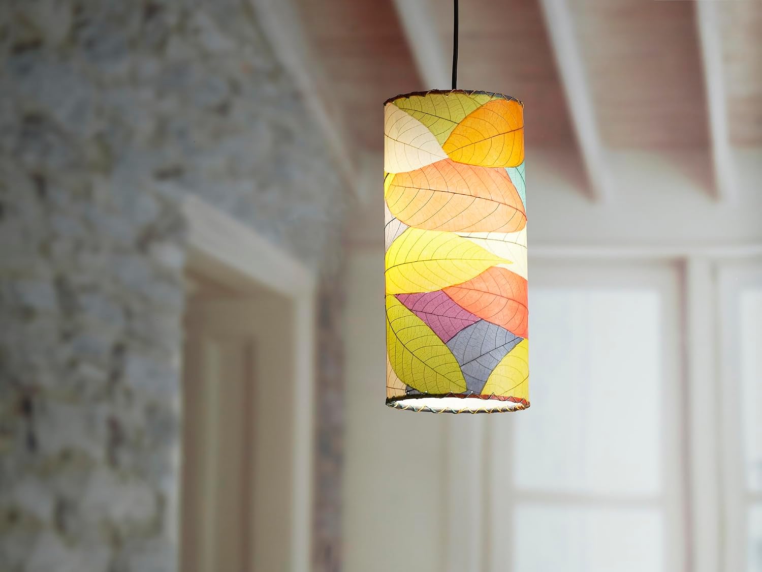 Eangee Home Design Cylinder Pendant Multi Shade Made of Real Cocoa Leaves 7 Inches Length x 7 Inches Width x 17 Inches Height (504 m)