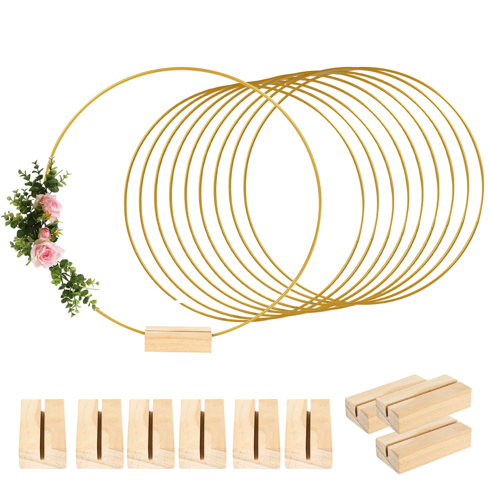 10 aros redondos de flores de metal de 30 cm con 10 soportes hexagonales de madera, anillos decorativos de metal dorado con soporte de madera, para manualidades, bodas, decoración de mesa y