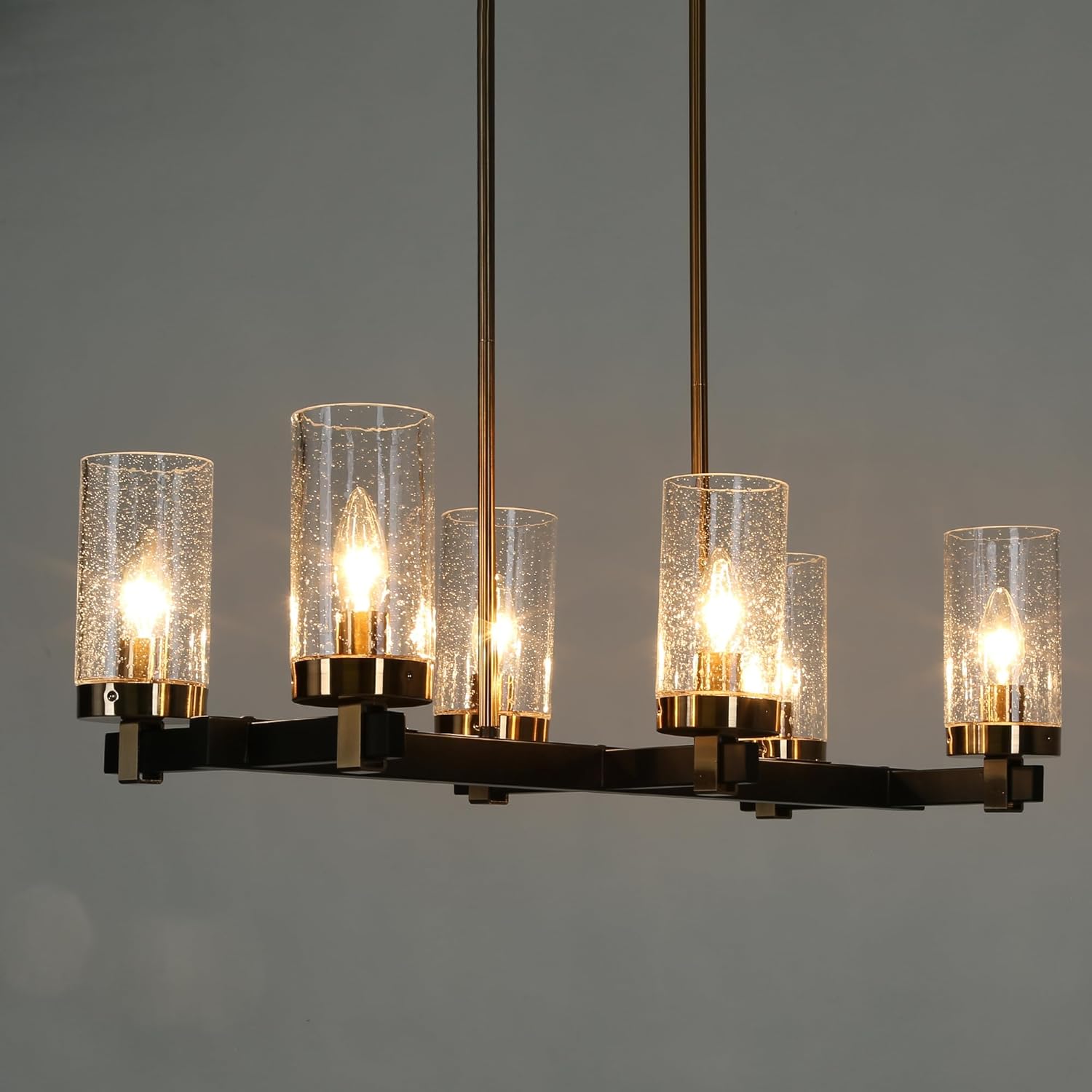 KSANA 27" 6-Light Linear Kitchen Island Chandelier, Black and Gold Modern Dining Room Light Fixture with Seeded Glass Shades and Electroplated Brass Finish