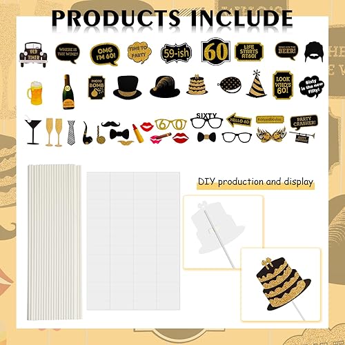 Miniatura 2 de Accesorios para cabina de fotos de cumpleaños 60 para adultos (41 unidades) para ella, él, aplaude a fiesta de cumpleaños de 60 años, decoraciones