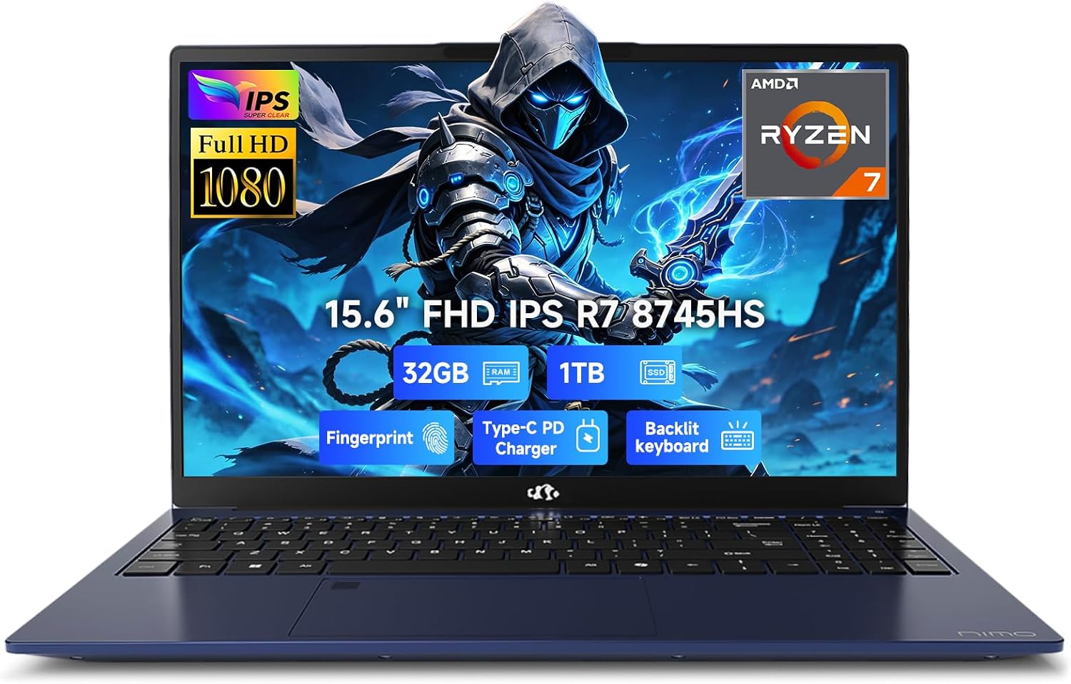 NIMO 15.6" AI-Ready Light Gaming Laptop, AMD Ryzen 7 8745HS Radeon 780M(up to 4.9GHz), 32GB DDR5 1TB SSD, USB4 100W USB-C PD for Creative Projects, College, Remote AI Work, 2-Yr Warranty Fingerprint