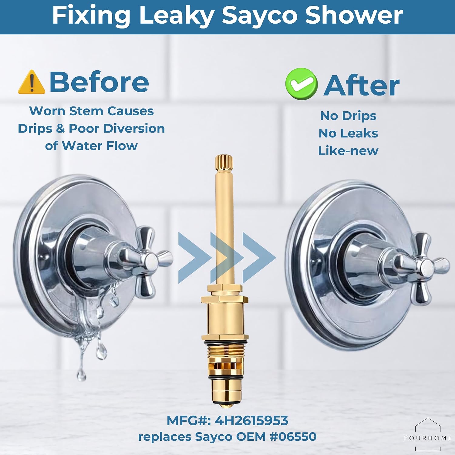 Replacement for Sayco 308 & T-308 Three-Handle Tub & Shower Faucets | Replaces Sayco OEM #06550 | 4-11/16" Brass Stem with 16-Point Broach B | Middle-Handle Diverter