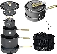 Vista 1 de Alocs Camping Cookware Set - Lightweight Camping Pots and Pans - Portable Outdoor Cookware with Kettle - Camping Cookware Mess Kit for 2