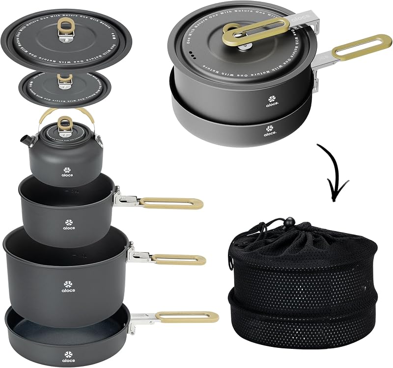 Camping Cookware Set - Lightweight Camping Pots and Pans - Portable Outdoor Cookware with Kettle - Camping Cookware Mess Kit for 2