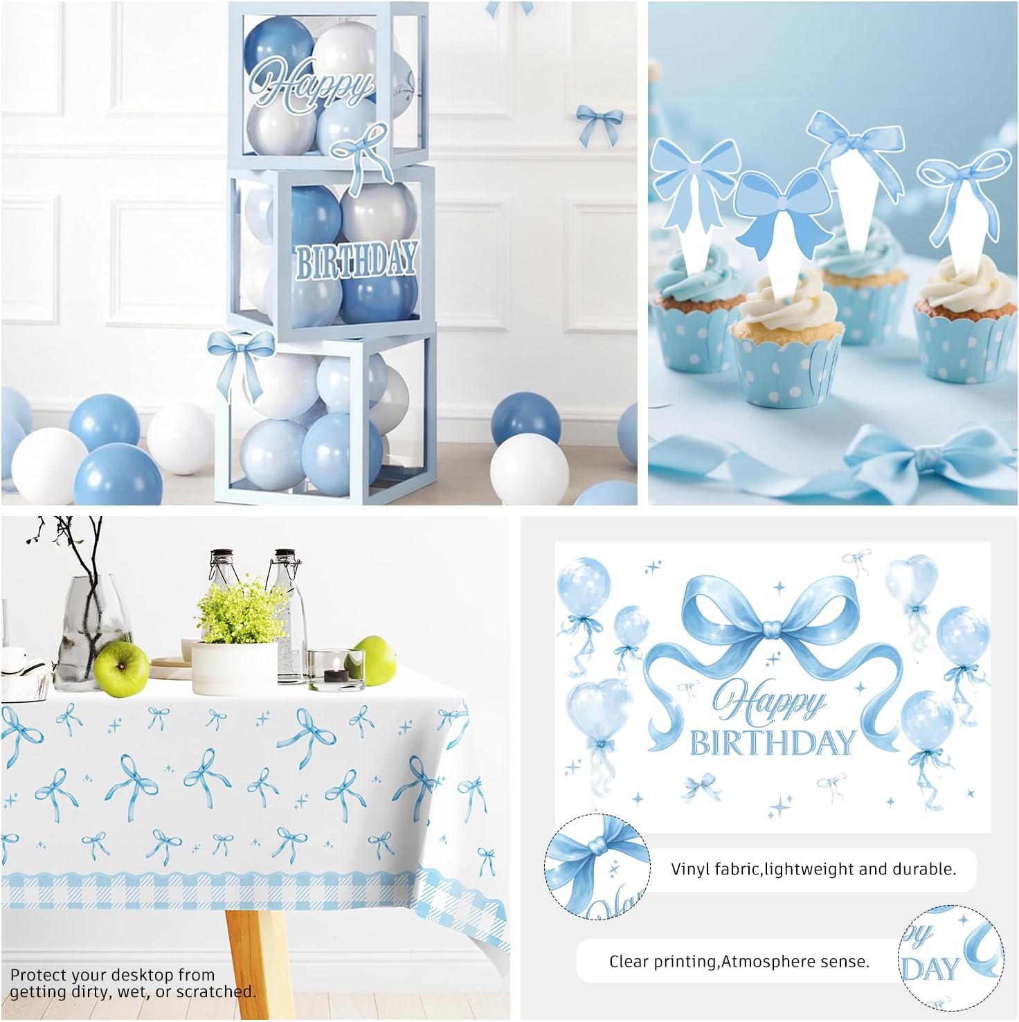 cocomigo 288 PCS Blue Bow Birthday Decorations, Hassle-Free One-Stop Set for 25 Guests, With Balloon, Backdrop, Fringe Curtains, Plates and Napkins, Easy Setup for Bow Themed Party