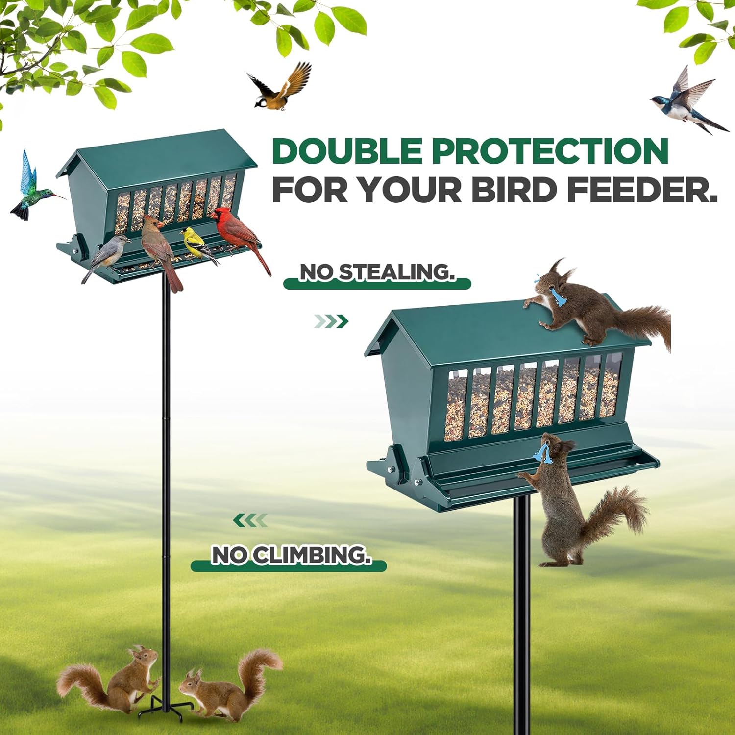 Zonon Squirrel Proof Bird Feeder Metal 12lbs Large Capacity for Cardinals Chickadees Green Bird Feeder on Pole for Outdoors