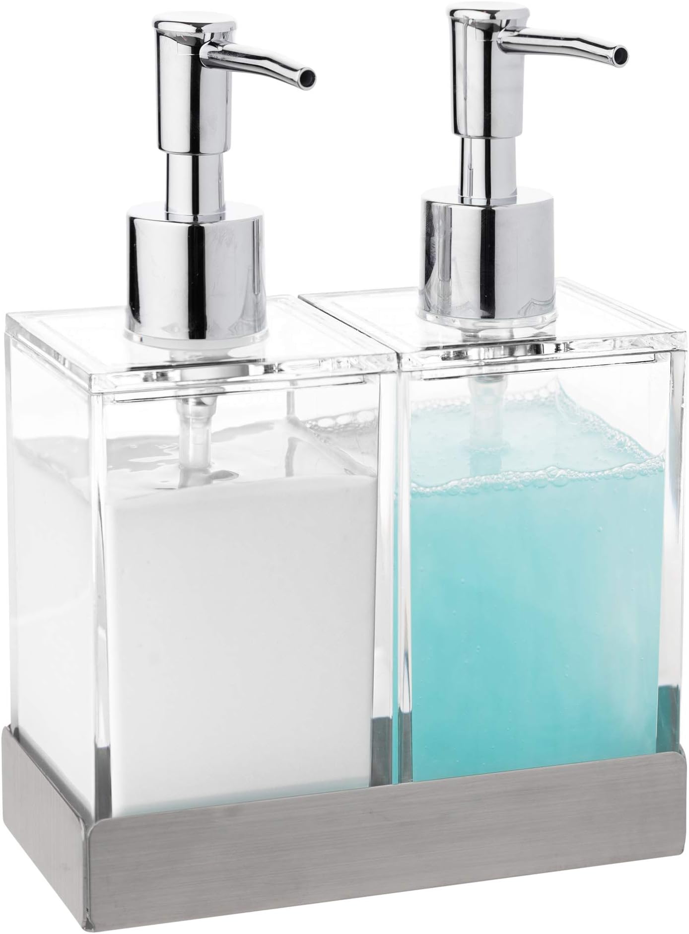 Modern InnovationsAcrylic Twin Liquid Soap and Lotion Dispenser Set with Caddy - Double Soap Dispenser for Kitchen - Clear Soap Dispenser for Bathroom, Shampoo, Conditioner, Body Wash