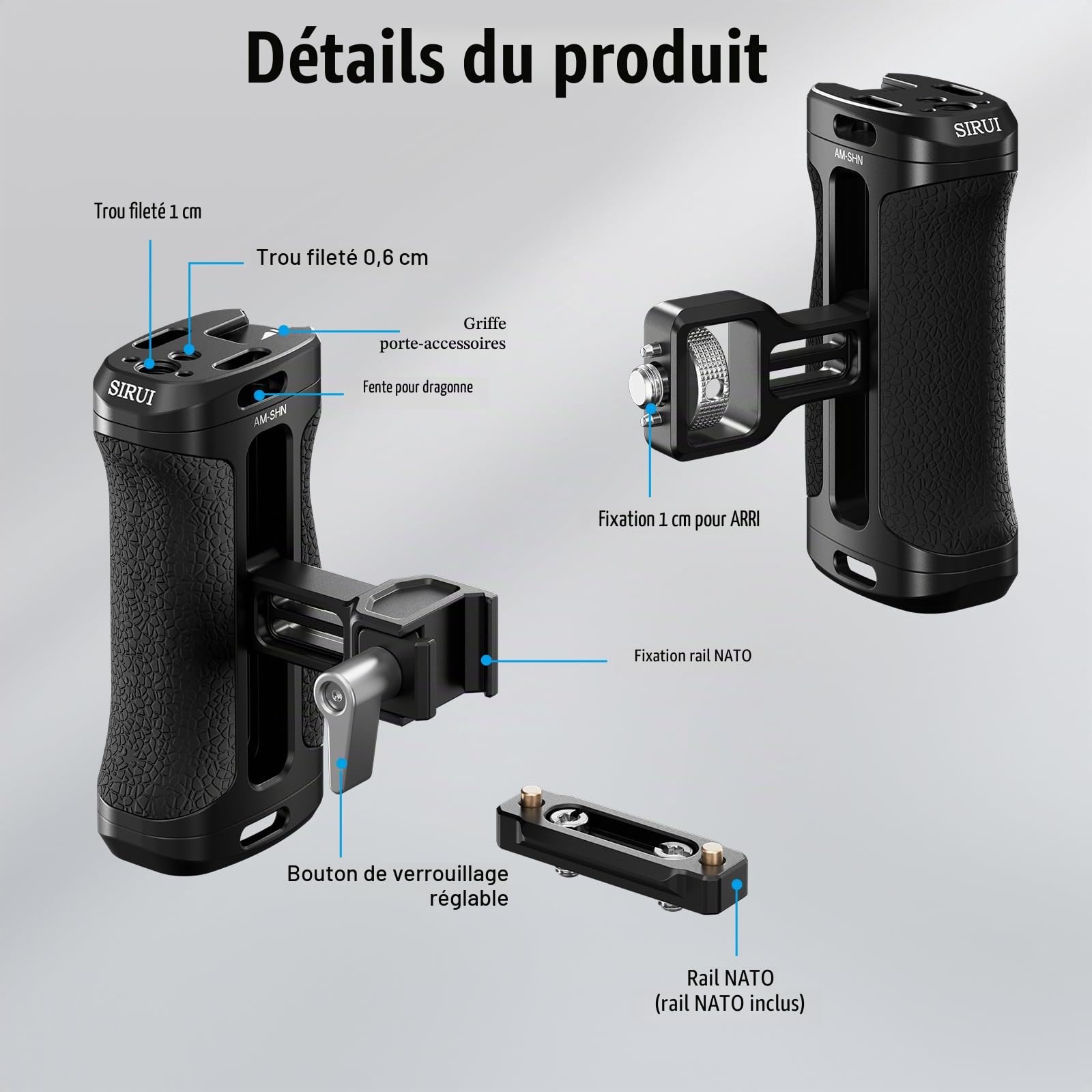 SIRUI Poignée Latérale de Positionnement pour Moture NATO en Option, Poignée Légère pour Cage de Caméra avec clé Intégrée, Griffe Froide et Trous Tiletés, Réglable en Hauteur et en Profondeur(AM-SHN)