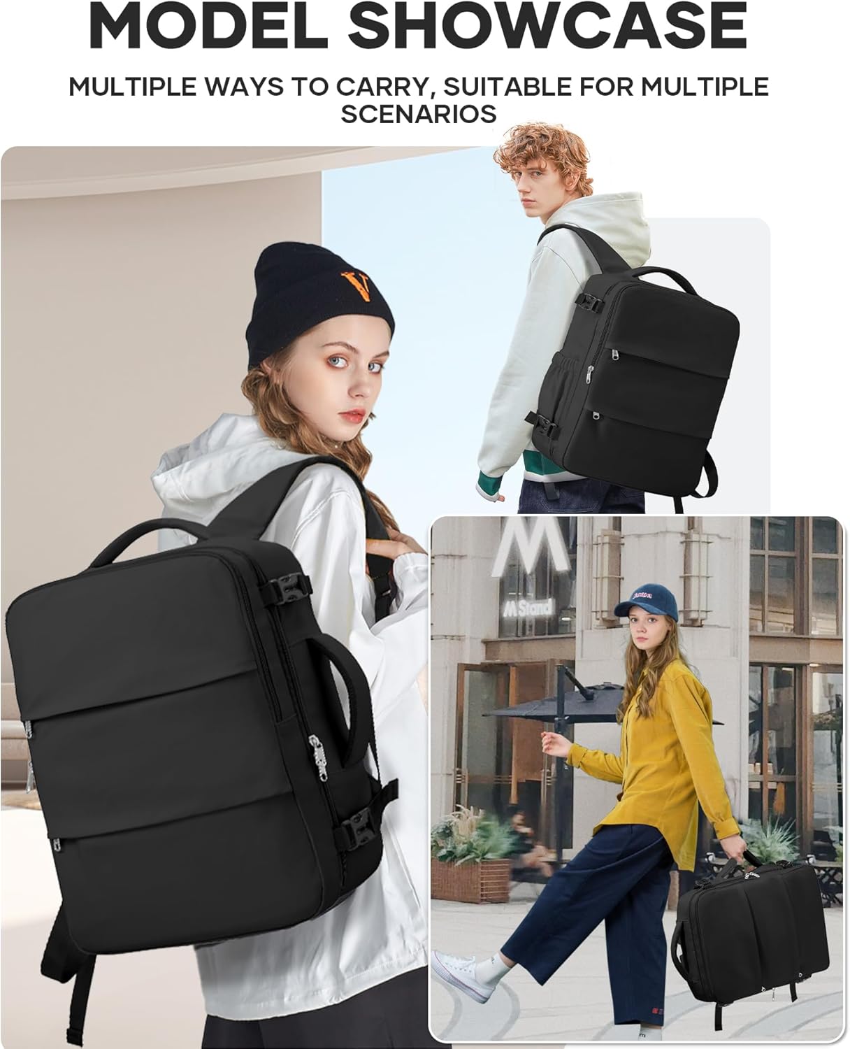 Black Large Travel Backpack For Women Men,Carry On Backpack For Traveling On Airplanes,Personal Item Travel Bag Laptop Work Backpacks