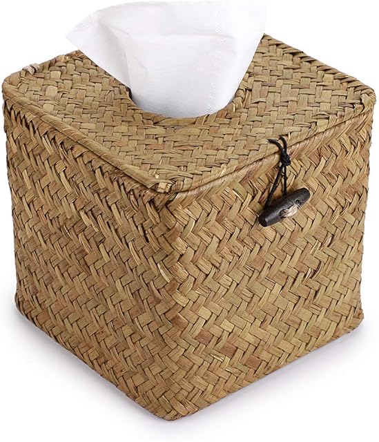 BSTKEY Household Cube Seagrass Facial Tissue Box Decorative Woven Paper Holder, Original Color