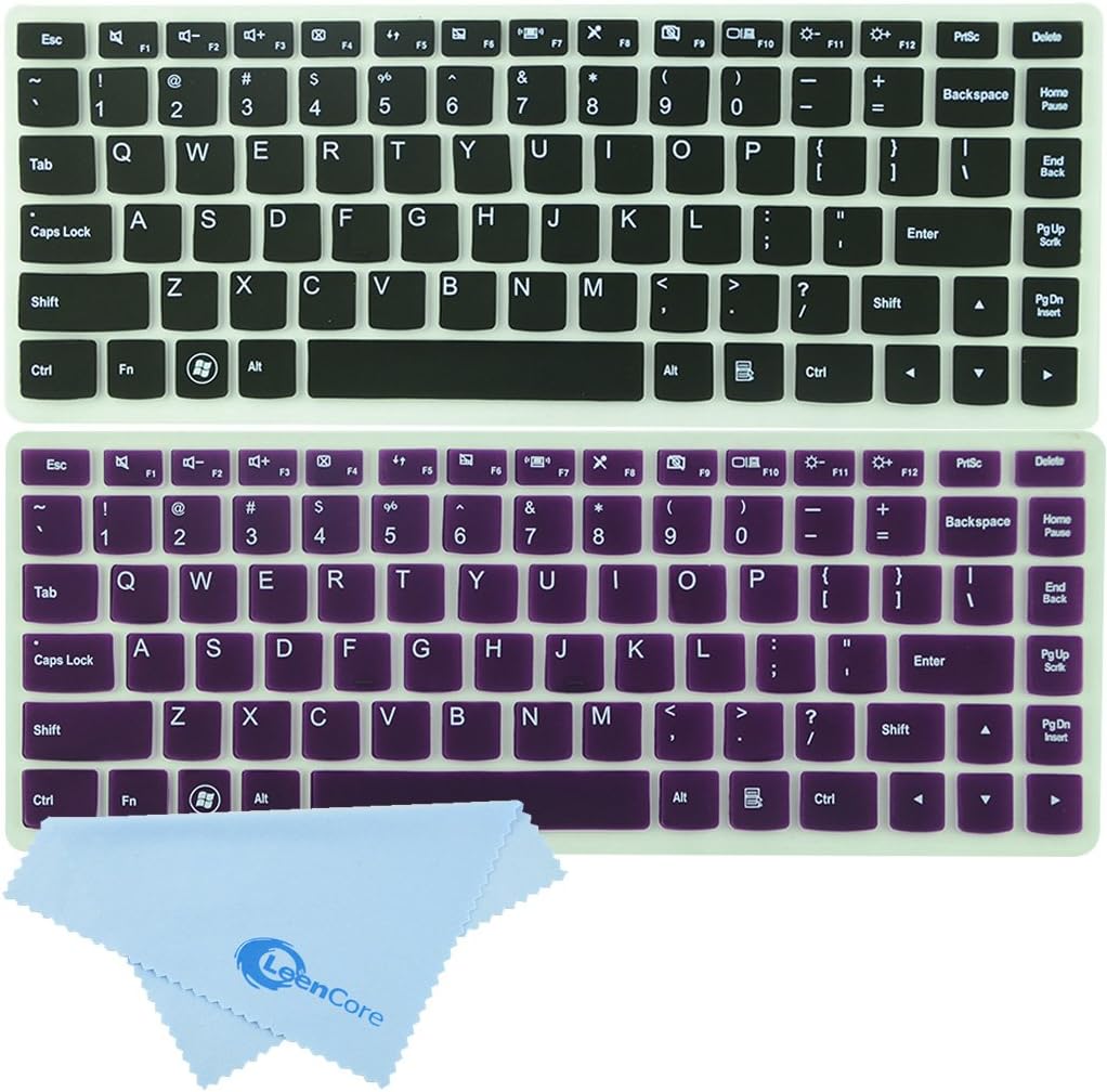 LeenCore 2-Pack Cute Sweet Lovely Baby Cool Series Translucent Silicone Keyboard Protector Skin Cover for Lenovo IdeaPad U300 U300s U310 U400 U410 U430 U430p Z400 P400 S300 S400 S405 Yoga 13-IFI Yoga 2 Pro Convertible Ultrabook US Layout (if your "enter" key looks like "7", our skin can't fit) + 1x Microfiber Cleaning Cloth from LeenCore (Black+Dark Purple)