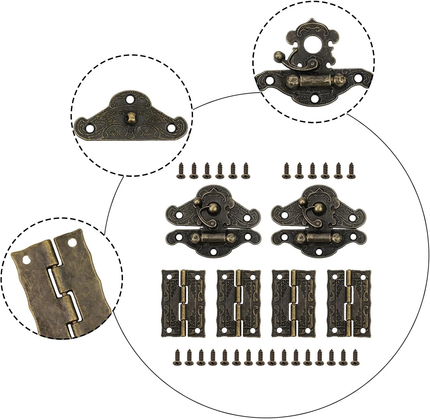 6-Piece Vintage Bronze Cabinet Hinge and Wooden Box Latch Hasp Set Jewelry, Wine & Tool Boxes – Zinc Alloy Hardware with Screws, 49x37mm Hasp + 23x36mm Hinges