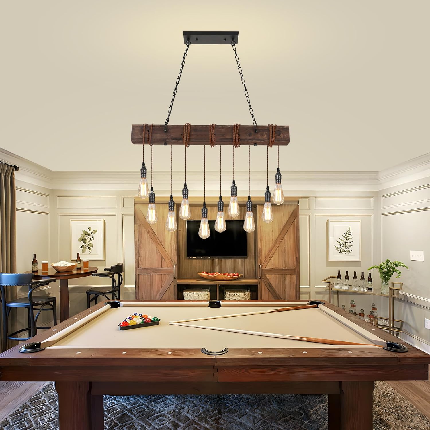 KEESFU 10-Lights Rustic Chandeliers for Dining Room, Farmhouse Wooden Ceiling Pendant Light, Height Adjustable, Rectangle Chandelier for Kitchen Island Dining Room Bar Pool Table Cabin.