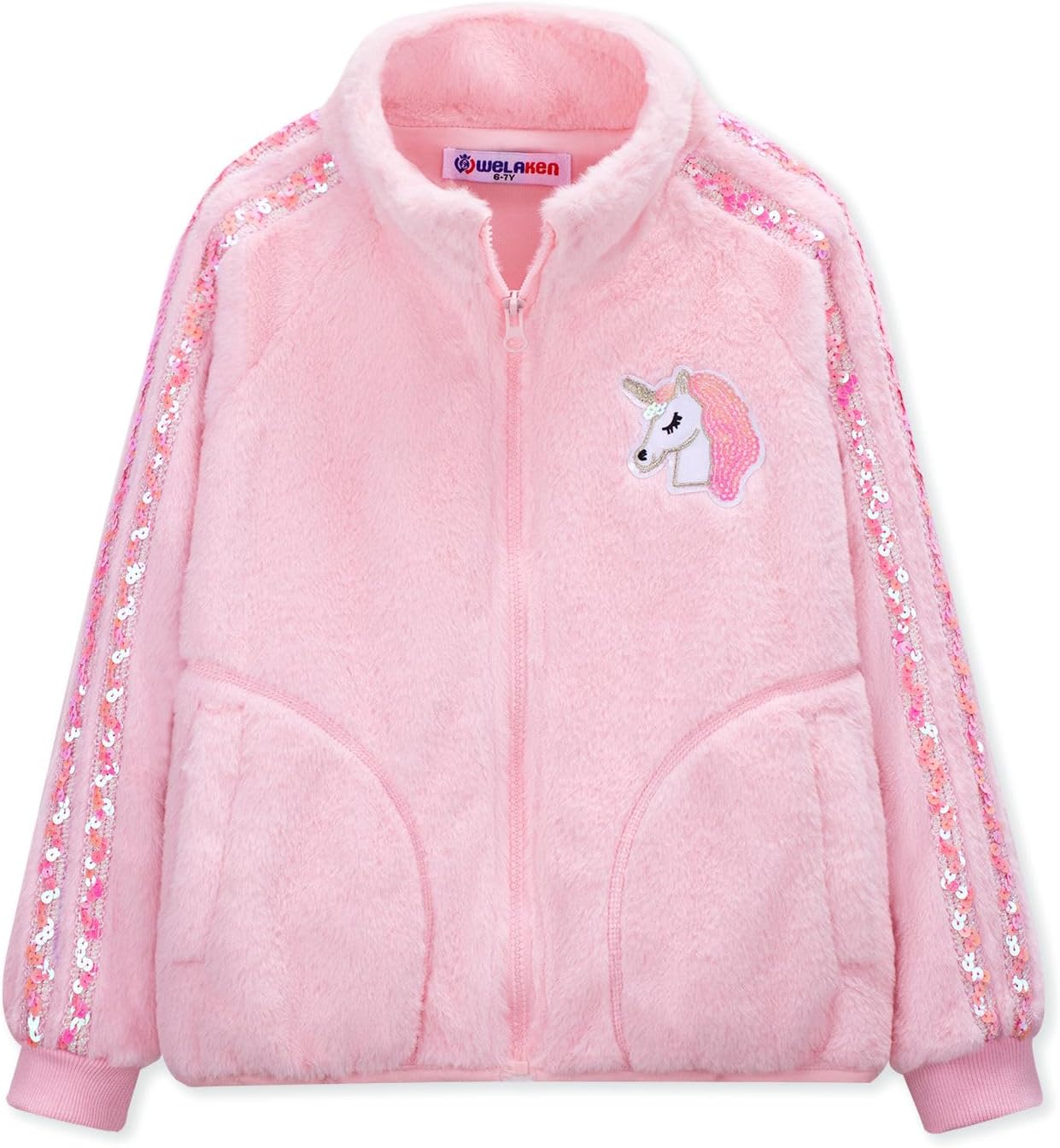 WELAKEN Fleece Jacket for Girls Kids Sparkle Soft Plush Full Zip Jacket with Pockets