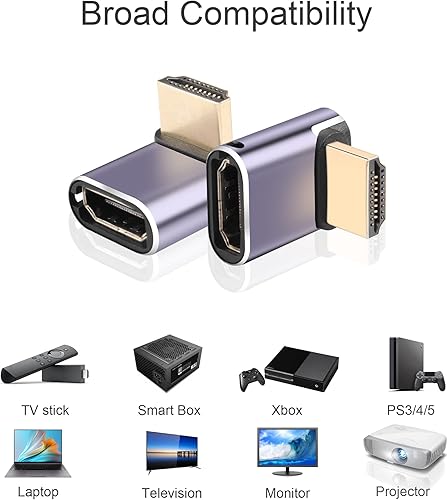 Miniatura 6 de PNGKNYOCN Adaptador HDMI 8K de 90 grados, paquete de 2 adaptadores de ángulo recto HDMI 2.1 macho a hembra de 48 Gbps compatible con 8K @60Hz, 4K
