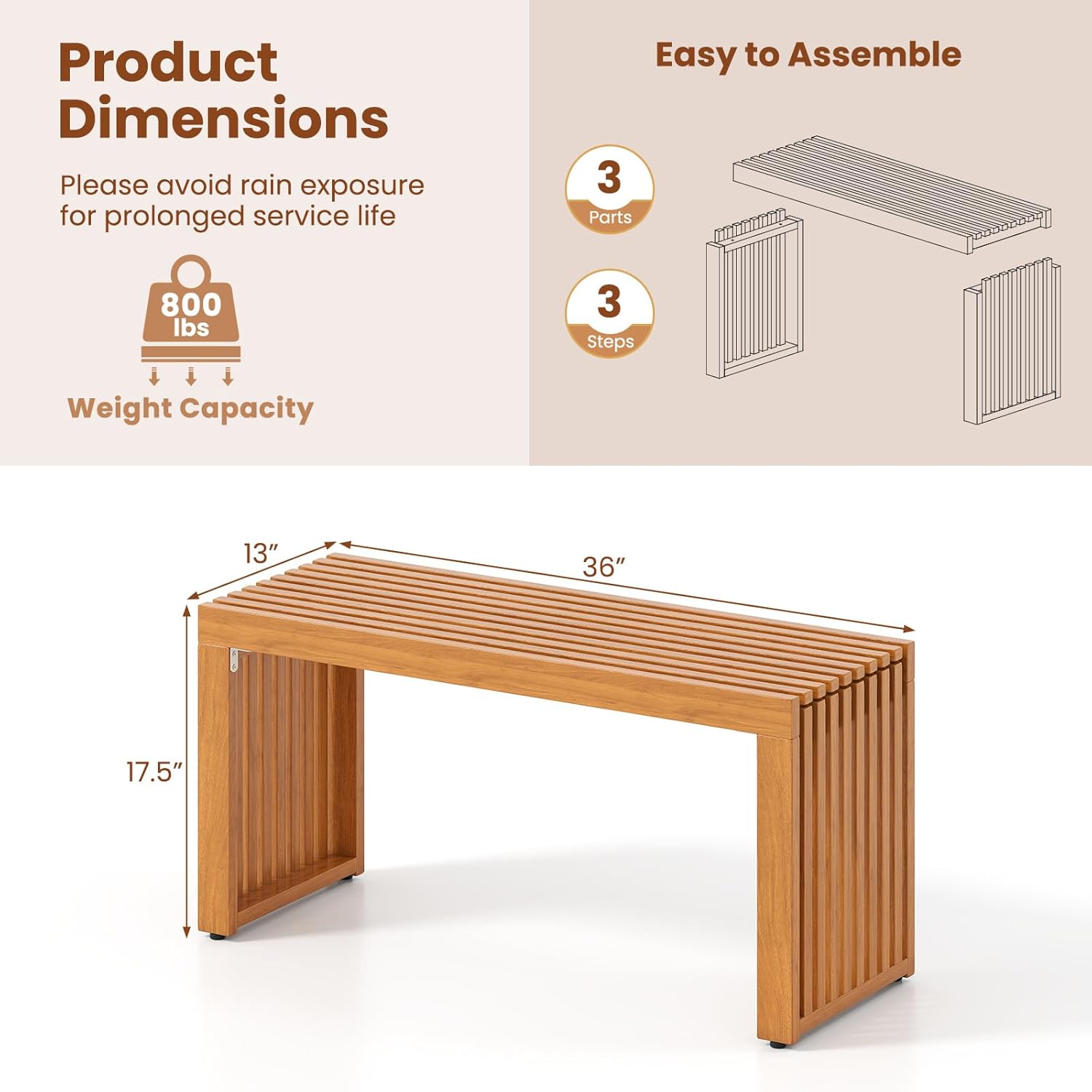 RELAX4LIFE 2-Person Wooden Outdoor Bench - 36’’ Acacia Wood Backless Patio Garden Bench w/Slatted Seat, Indoor Outside Dining Loveseat Furniture for Entryway Park Porch, 800LBS Weight Capacity (1)