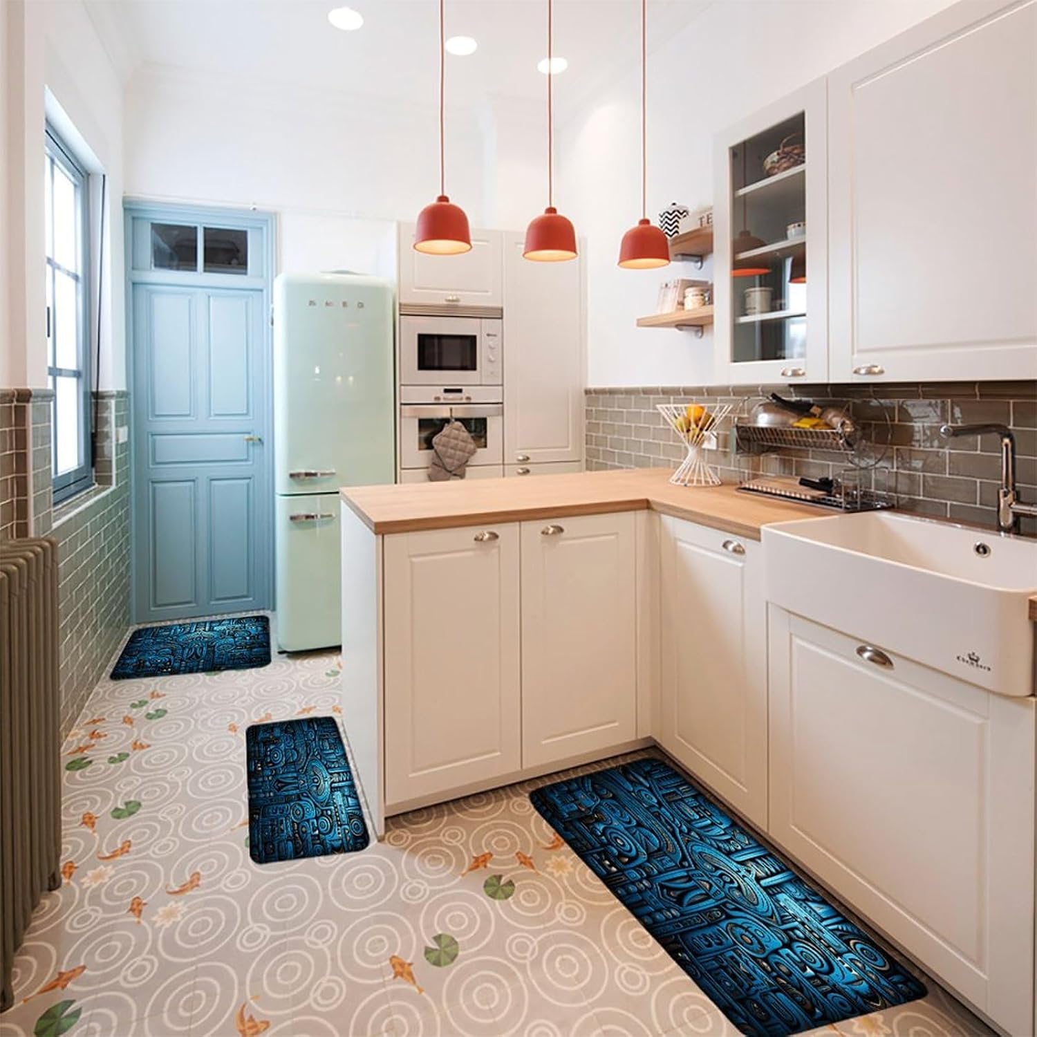 Blue and Black Tribal Pattern 3-Piece Kitchen Rug Indoor Door Mat | Non-Slip Kitchen Mat for Profile Absorbent, Moisture-Wicking and Breathable for Bathroom Laundry Room Bedroom Home Decor