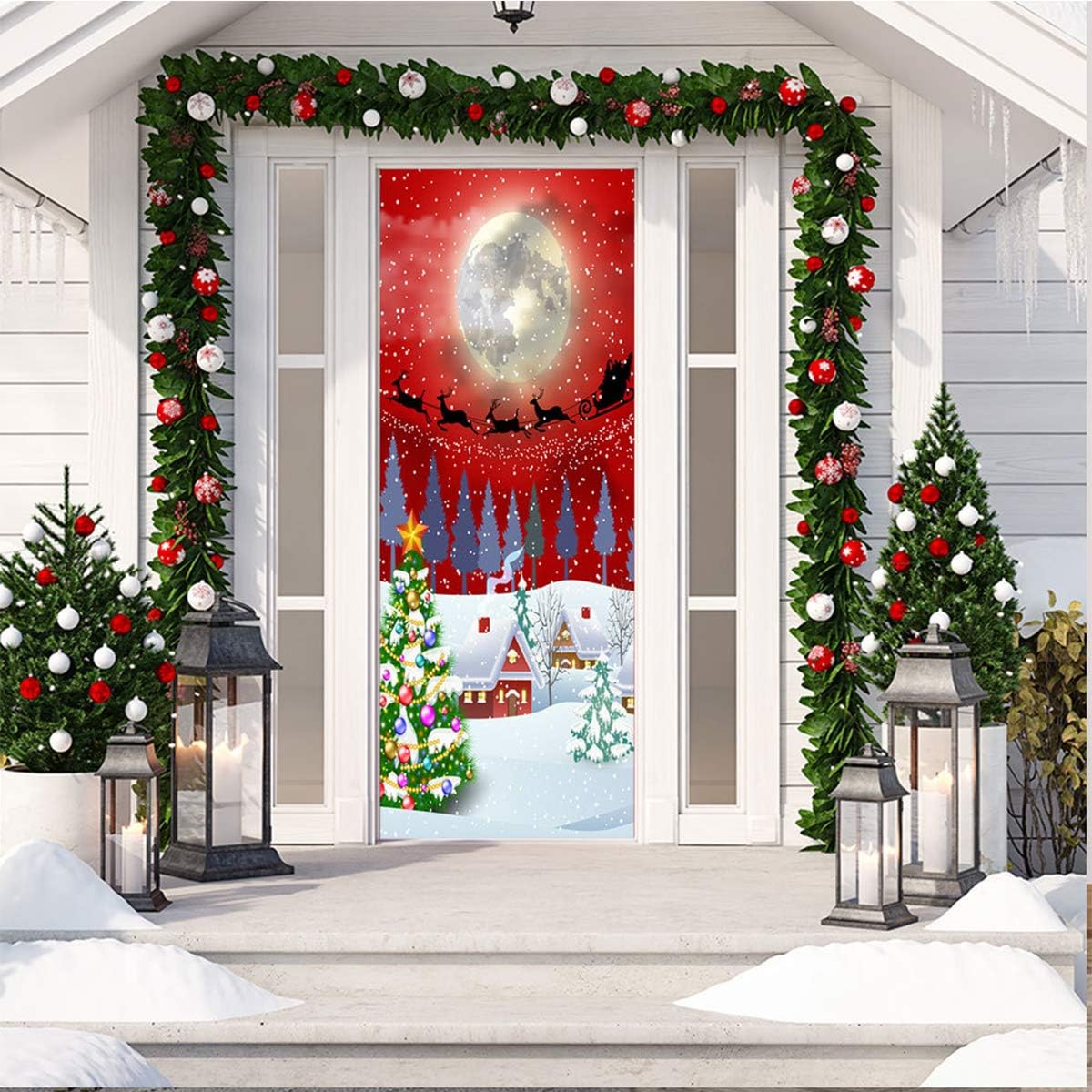 ANPHSIN Self-Adhesive Christmas 3D Door Decal Sticker- 30 x 80 Inches Reindeer Pull Sled Xmas Tree Door Wallpaper Removable Vinyl Stickers for Indoor Outdoor Christmas Party Holiday Door Decoration