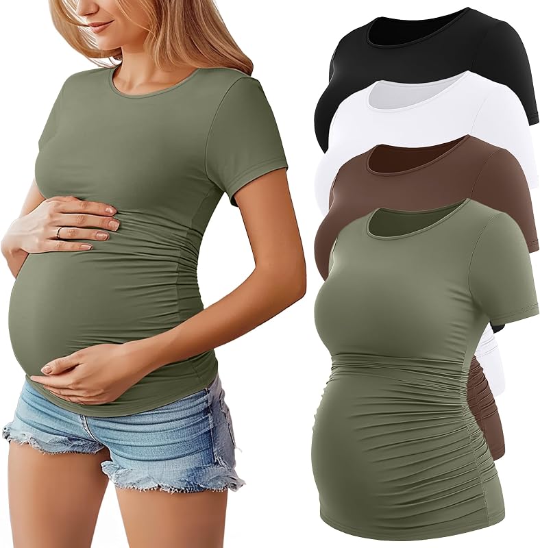 4 Pack Women's Short Sleeve Maternity Tops | Cotton, Maternity Shirts, Pregnancy Clothes, Short Sleeve, Crew Neck, Side Ruched, Breathable, Stretch, Casual, Summer