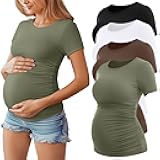 Huukeay 4 Pack Women's Maternity Shirts, Crew Neck Maternity Top Short Sleeve Casual Cotton Tee Side Ruched Pregnancy Clothes