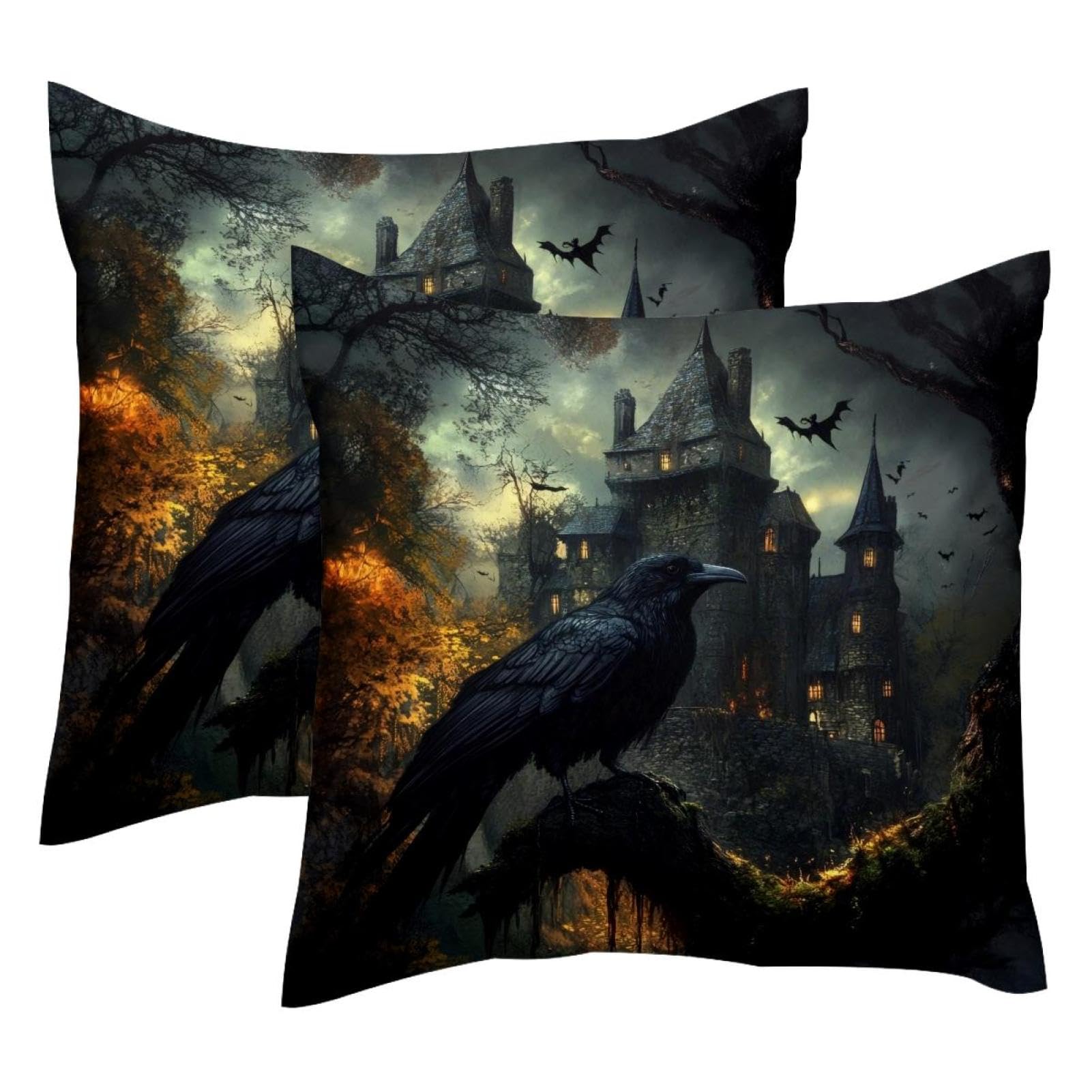 Housse de coussin velours 50x50 motif corbeau pour déco salon cocooning