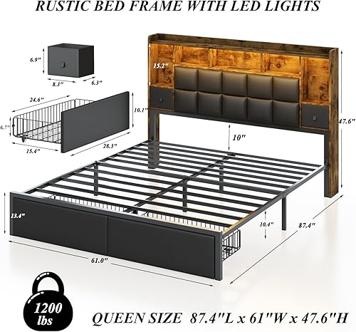 Miniatura 2 de Marco de cama LED tamaño Queen con 2 cajones de almacenamiento ocultos y estantería, cabecera de cuero PU, cama plataforma tapizada con estación de