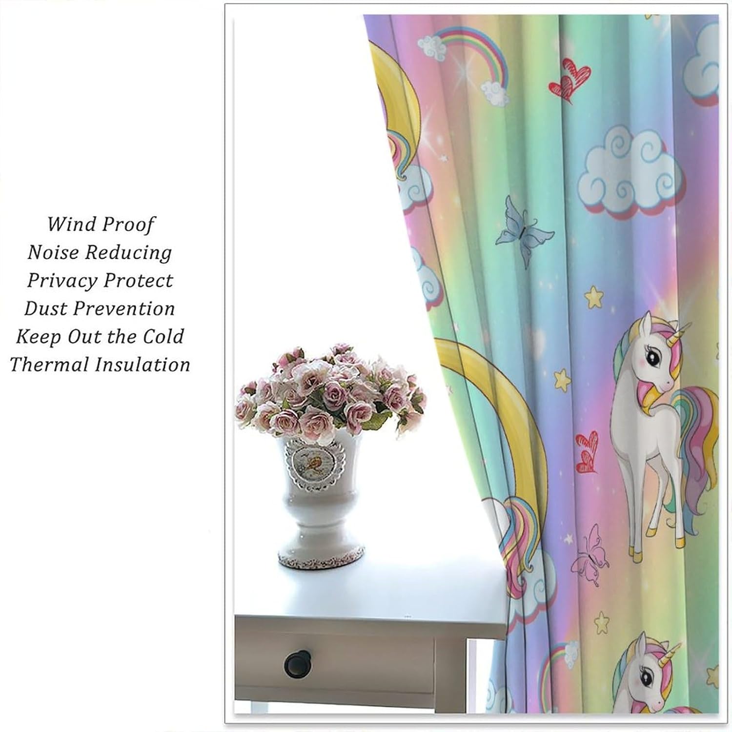 Unicorn Window Curtain,Colorful Rainbow Cute Butterfly Stars Cloud Blackout Curtains Home Decor for Cafe Dining Room Office Living Room Kitchen Bedroom Drapes, 42x45 in