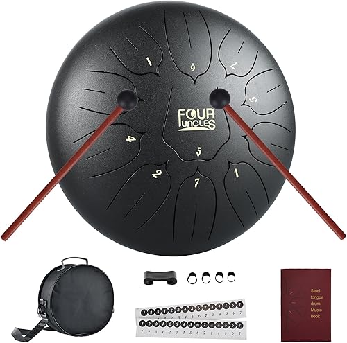 FOUR UNCLES Tambor de lengua de acero de 10 pulgadas, 11 notas, tambor de mano con bolsa de viaje, mazos de libros de música, instrumentos musicales
