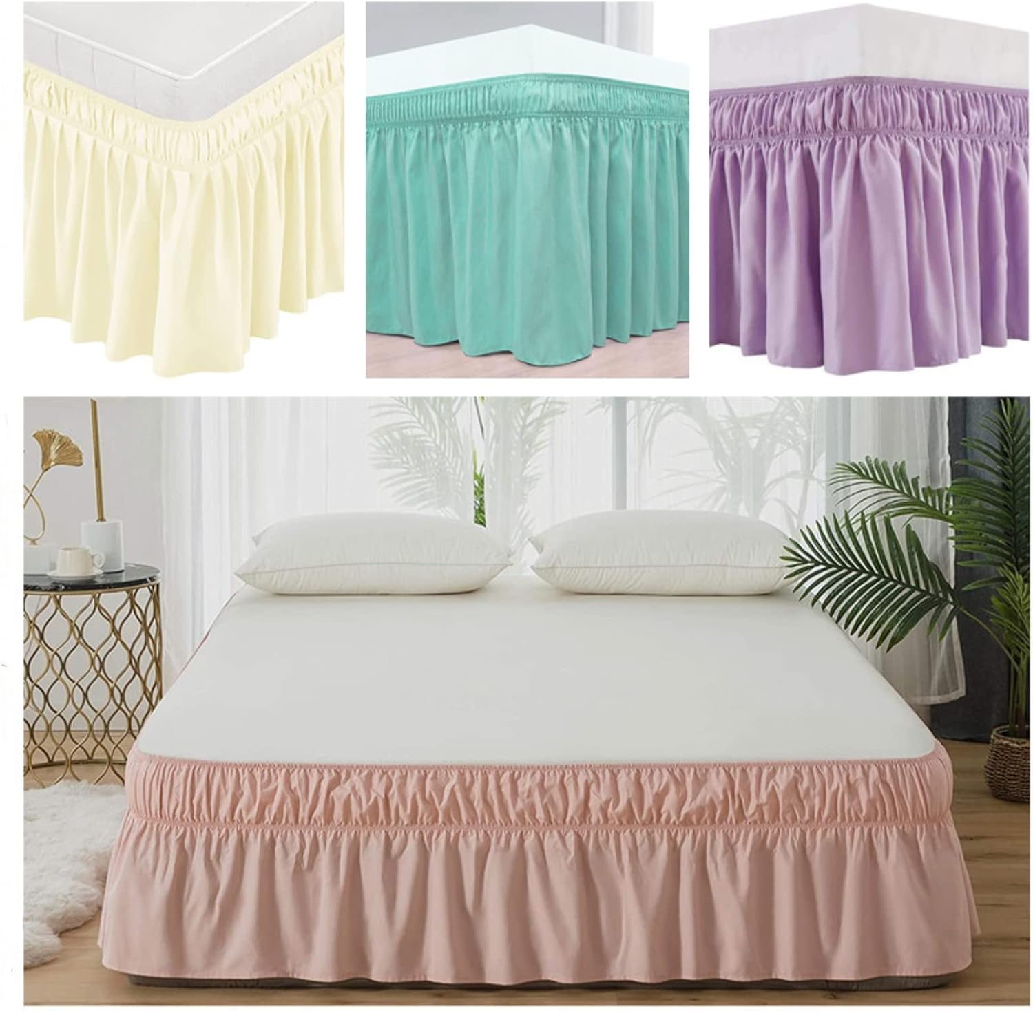 Pink Bed Skirts Wrap Around Bedskirt Dust Ruffle 14 Inch Drop for King Bed for Easy Fitting (78.74x78.74)