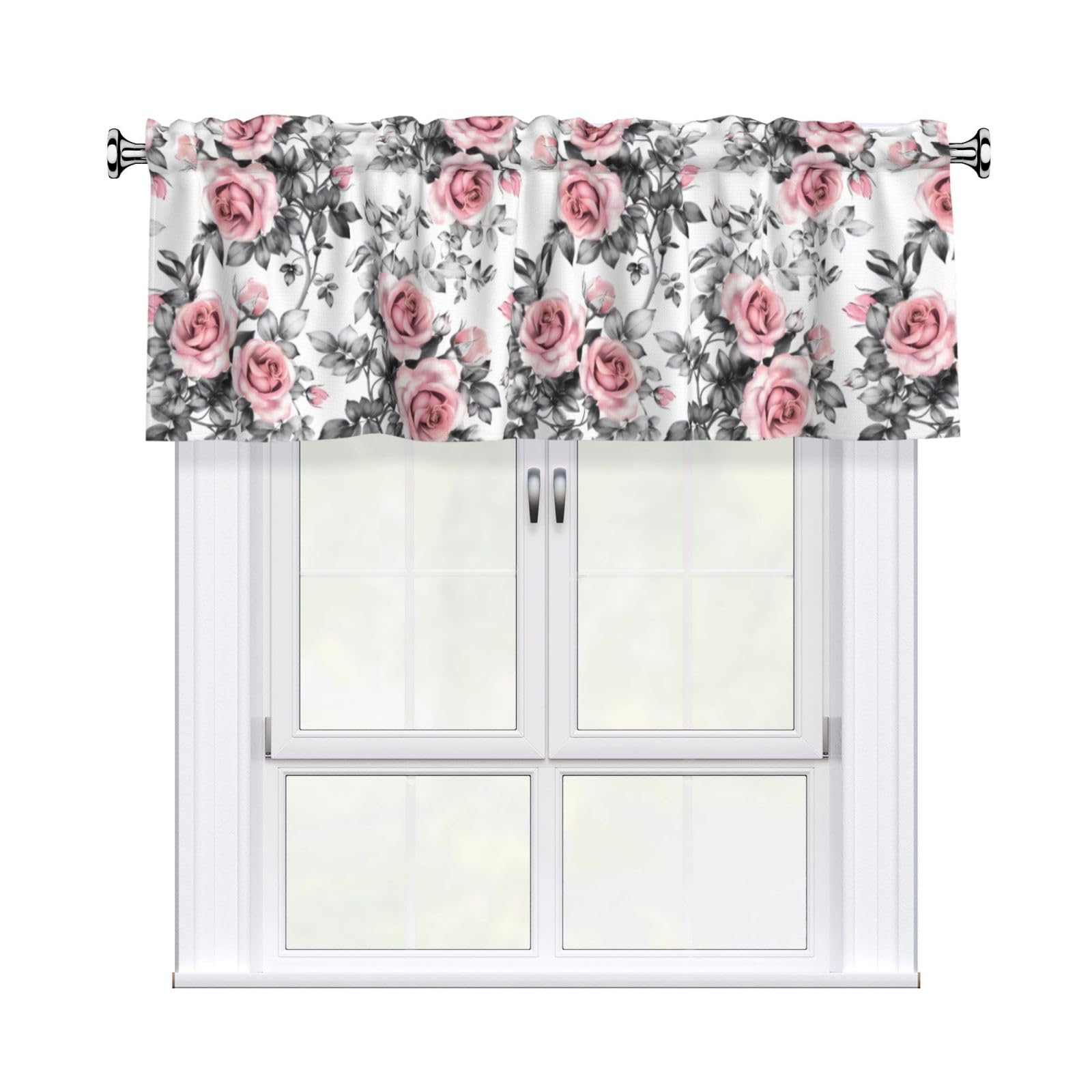 HJFCZH WHJSSF White Watercolor Floral Rose Prints 54x18in Curtain Valance - Peach Skin Polyester Kitchen Cover with Light Filtering Floral & 3" Rod Pocket