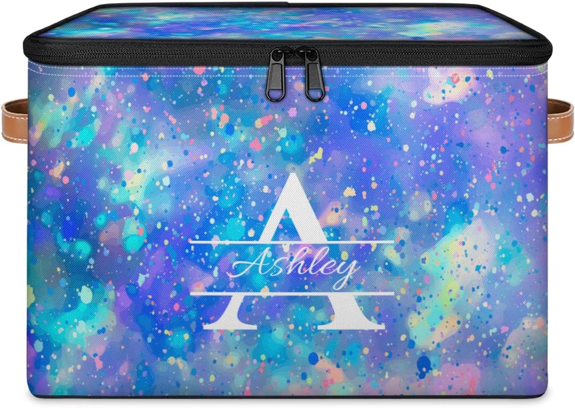 Custom Initial Storage Bins Personalized Storage Basket with Zipper Lid Foldable Fabric Storage Box with Leather Handles Large Capacity, Colorful Glitter
