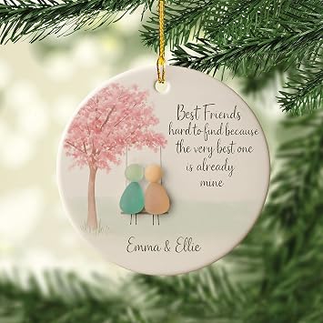 Personalized Best Friend Sea Glass Ceramic Ornament 2025, Custom Name Heart Keepsake, Christmas Tree Hanging Decoration, Besties Ornament Gift for Women 3