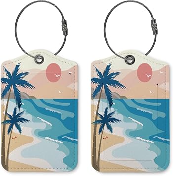 Luggage Tags for Suitcases Beach Palm Tree Sunset,Suitcase Tag with Privacy Cover ID Label & Steel Loop Suitcase Baggage,Travel Tags for Luggage