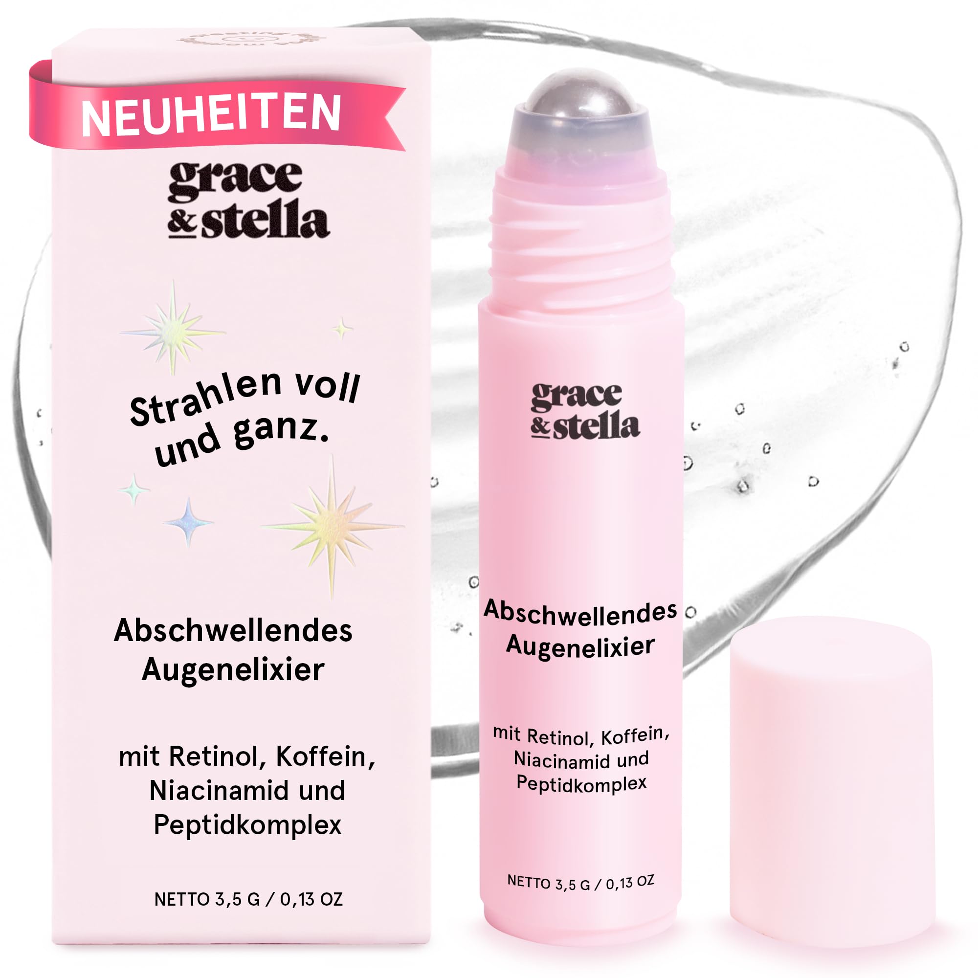 grace & stella, Augenroller mit Augencreme genen Falten und Augenringe mit Retinol & Koffein Augen-Roll-On mit Augencreme gegen Tränensäcke (15ml)