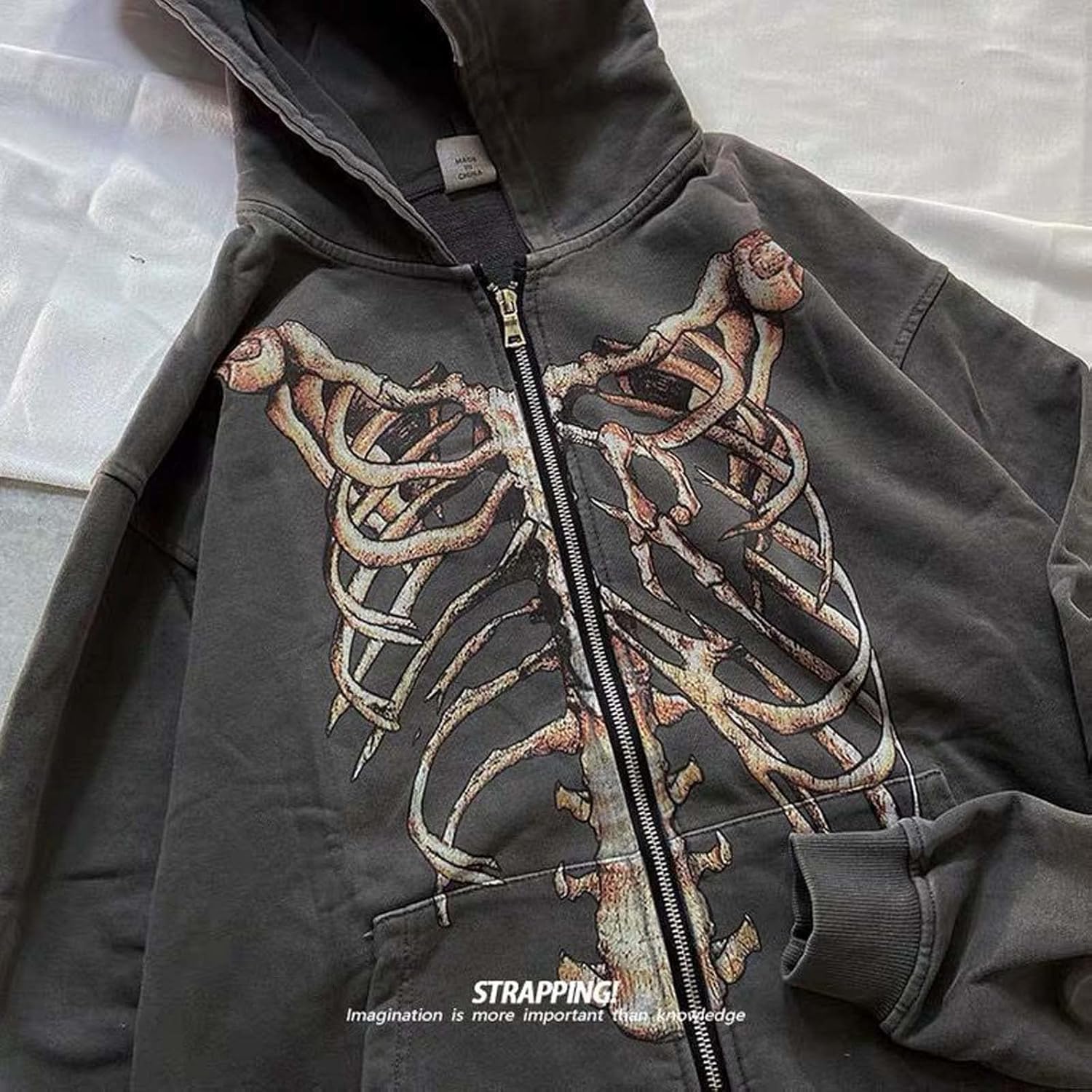 MLAFE Gothic Hooded Sweater Retro Bone Print Hooded sweatshirt Y2K zip-up jacket Grunge Hooded Sweater Harajuku upper garment - Image 5