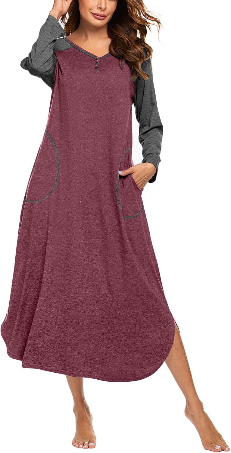 Ekouaer Women's Nightgown V-Neck Loungewear Long Sleeve Sleepwear Full Length Nightgown for Women S-4XL
