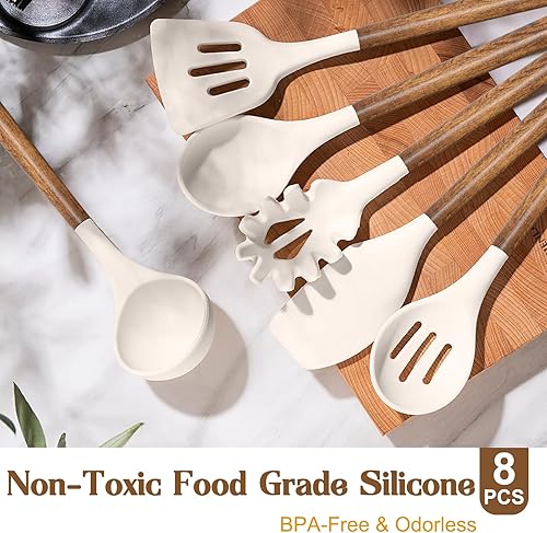 Miniatura 2 de Umite Chef - Juego de utensilios de cocina de silicona, juego de utensilios de cocina de 8 piezas con asas de madera de acacia natural, cabezales de