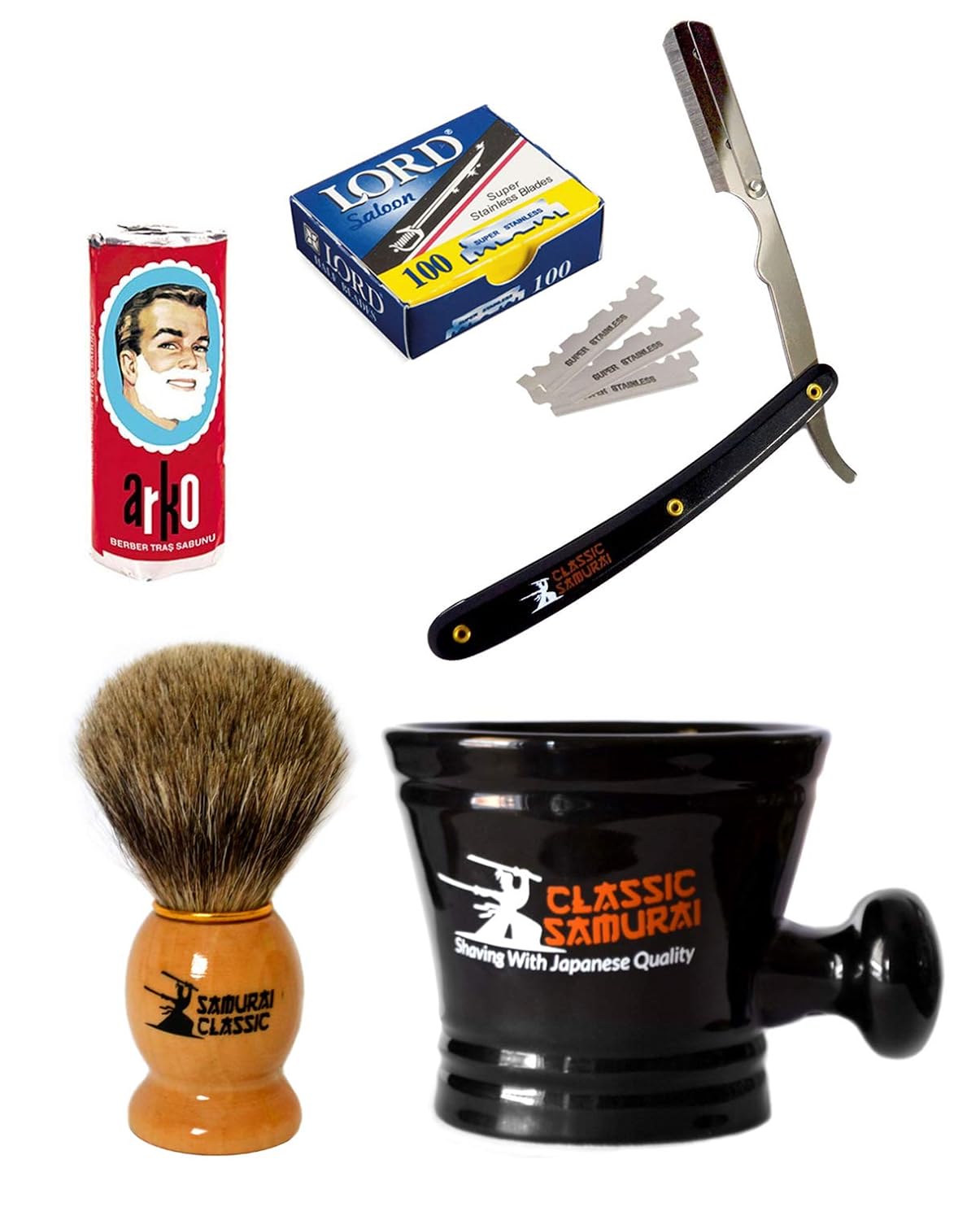 Men's Shaving Set with Stainless Steel Professional Barber Straight Razor Shavette with 100 Single Razor Blades, Pure Badger Shaving Brush, Arko Stick Soap and Porcelain Mug