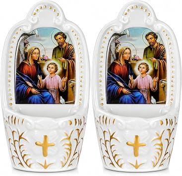 Willinglong 2 Pcs Porcelain Catholic Holy Water Font Ceramic Sacred Heart of Holy Water Fonts Wall Hanging Container for Home Church Entrance Decor First Communion Confirmation Gift Virgin Mary