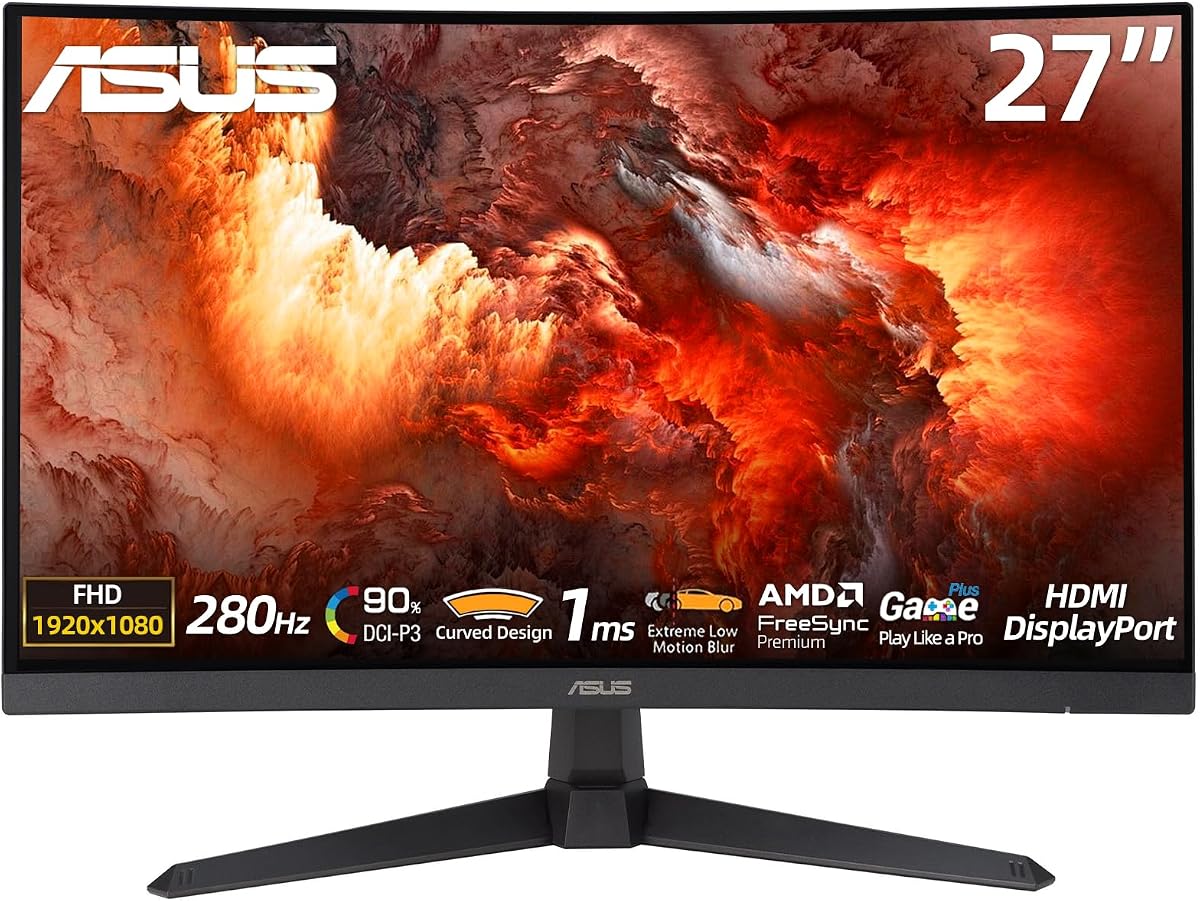 TUF Gaming 27" FHD Curved Monitor, VA Display, 280Hz, 1ms (GTG), 1500R Curvature, FreeSync Premium, ELMB, 90% DCI-P3, DisplayWidget Center, DisplayPort, Dual HDMI, Eye Care, Tilt Adjustable