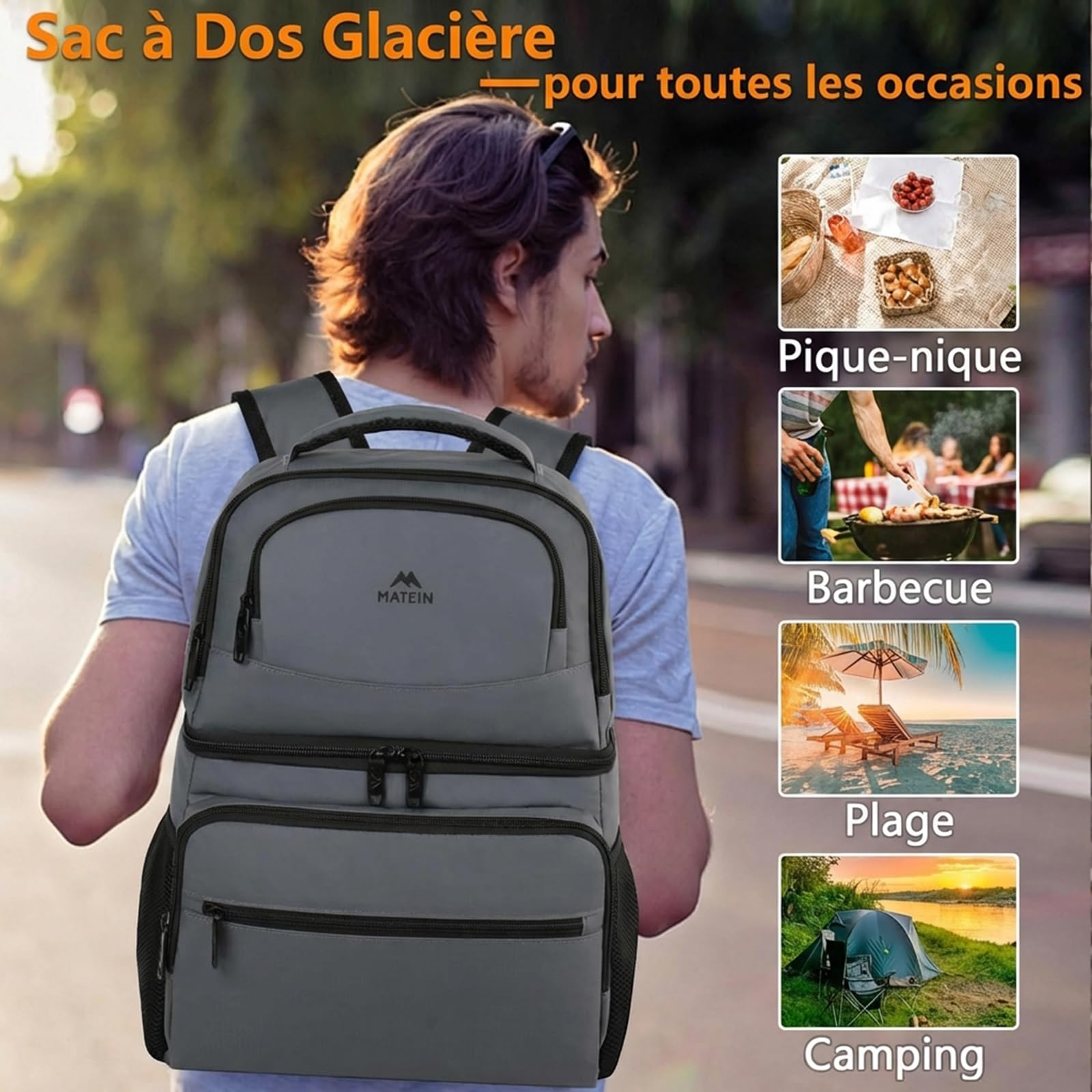 MATEIN Sac à Dos Isotherme, Sac Isotherme 34L Grande Capacité avec Compartiment Glacière Souple, Étanche Sac Isotherme Repas Travail Double Couche pour Plage Camping Randonnée, Cadeau Homme, Gris | Sac à déjeuner anti-fuite avec décapsuleur, facile à nett